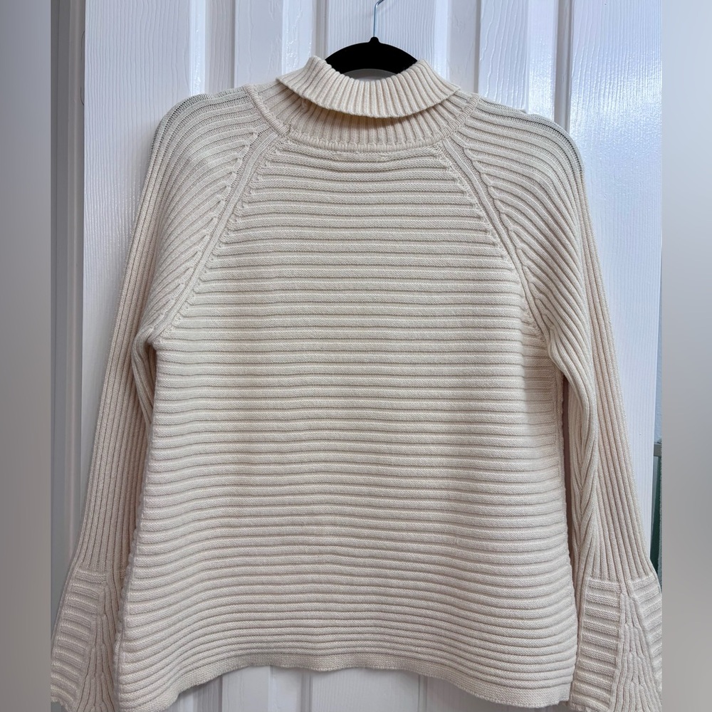 SAGE THE LABEL Ribbed Turtleneck Sweater with Wide Bell Cuffs in Ivory/Cream - Picture 15 of 16